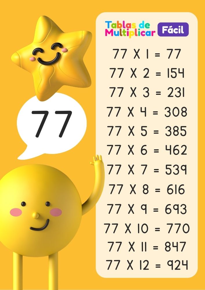 Tabla del 77 para niños, descargar PDF para imprimir